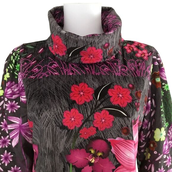 Custo Barcelona Dress sz 4 Velvet Velour Turtleneck Puff Long Sleeve Floral Y2K - Picture 3 of 16